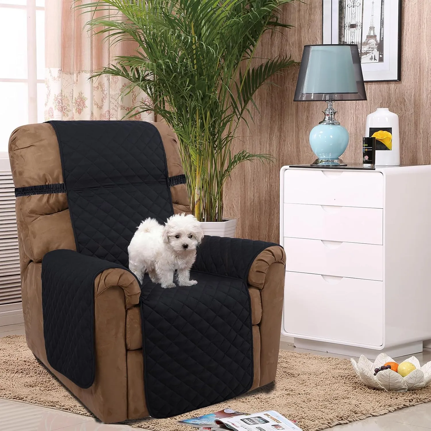 U-NICE HOME Recliner Chair Covers Reversible Chair Cover Pet Covers for Dogs with Elastic Straps Water Resistant Diamond Quilted (28''Recliner Oversized, Black/Black)