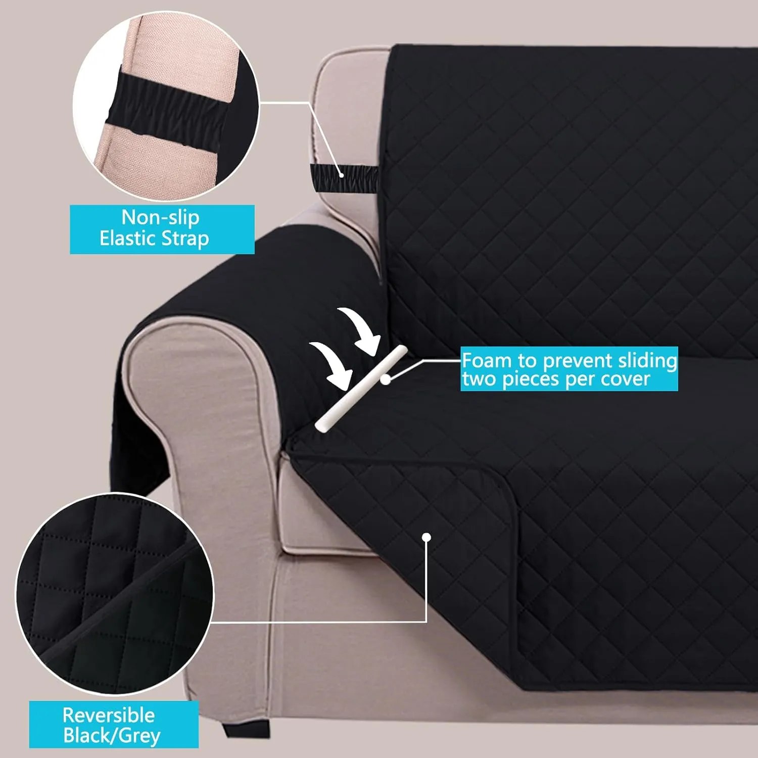 U-NICE HOME Recliner Chair Covers Reversible Chair Cover Pet Covers for Dogs with Elastic Straps Water Resistant Diamond Quilted (28''Recliner Oversized, Black/Black)