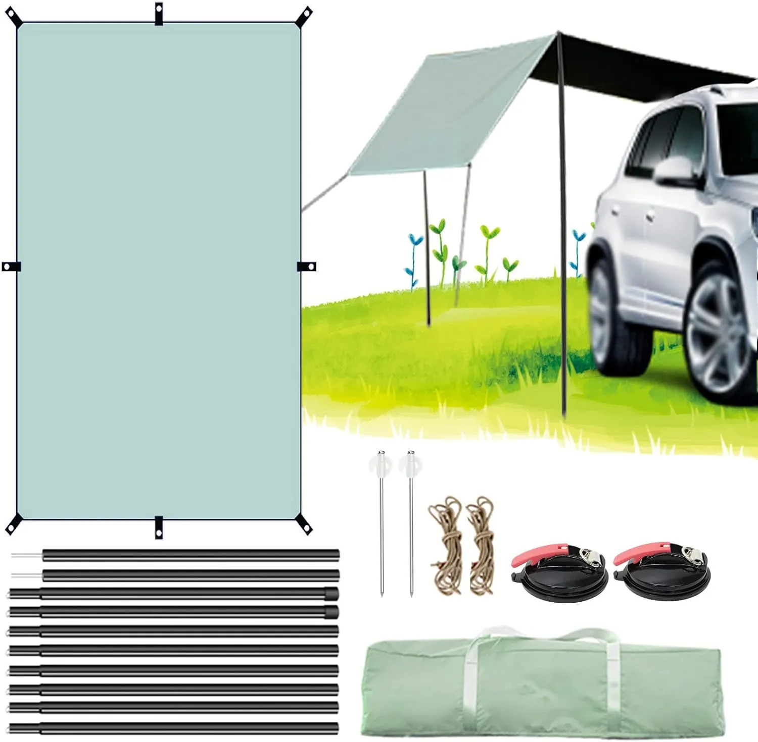 Universal Car Awning Sun Shelter, 2×4.4m Anti-Uv Sun Shelter with Adjustable Tarp Poles& Suction Cup, Campervan Awning for Snow Beach Camping Outdoor Travel,SUV Awning Camping Tent