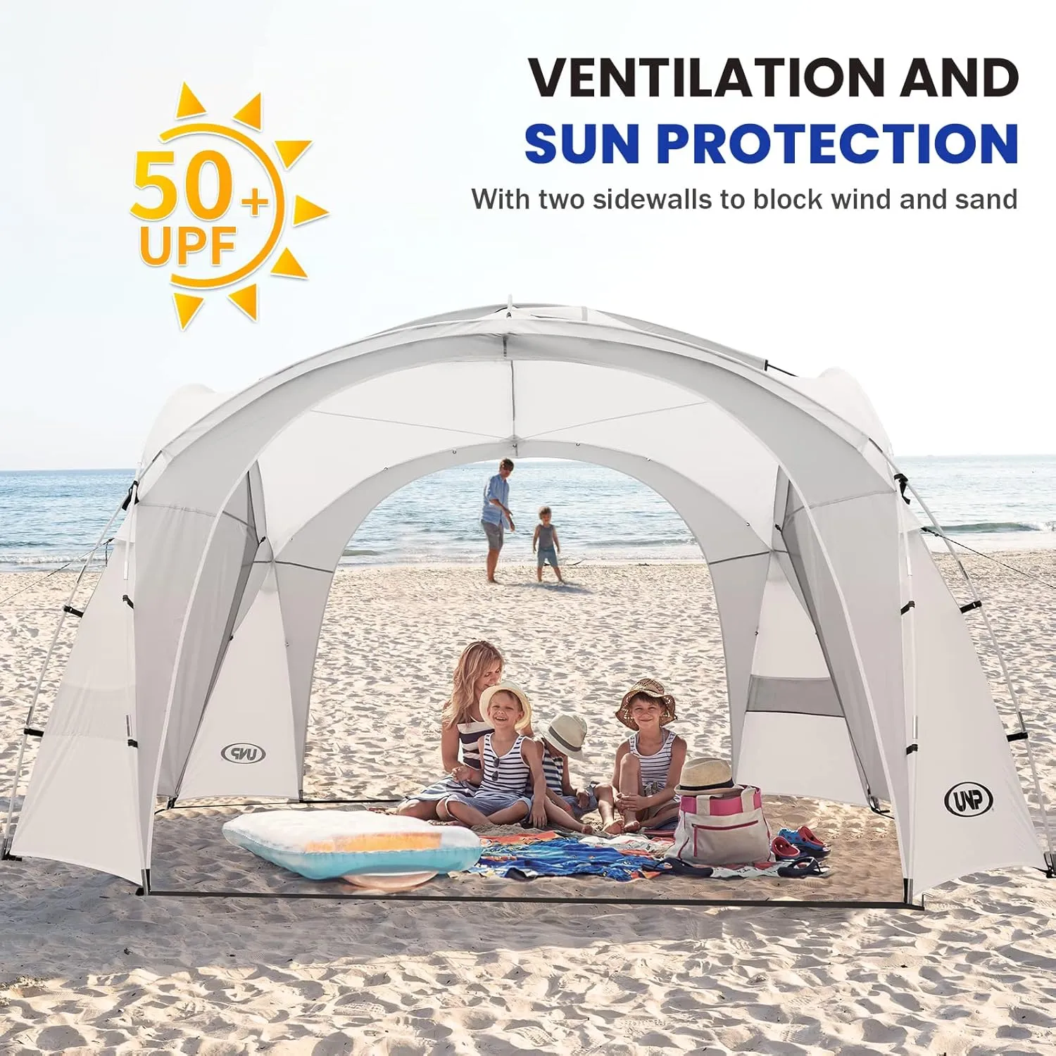 UNP Easy Beach Tent Pop Up Canopy UPF50  Tent with Side Wall, Ground Pegs, and Stability Poles, Sun Shelter Rainproof, Waterproof for Camping Trips, Backyard Fun, Party Or Picnics