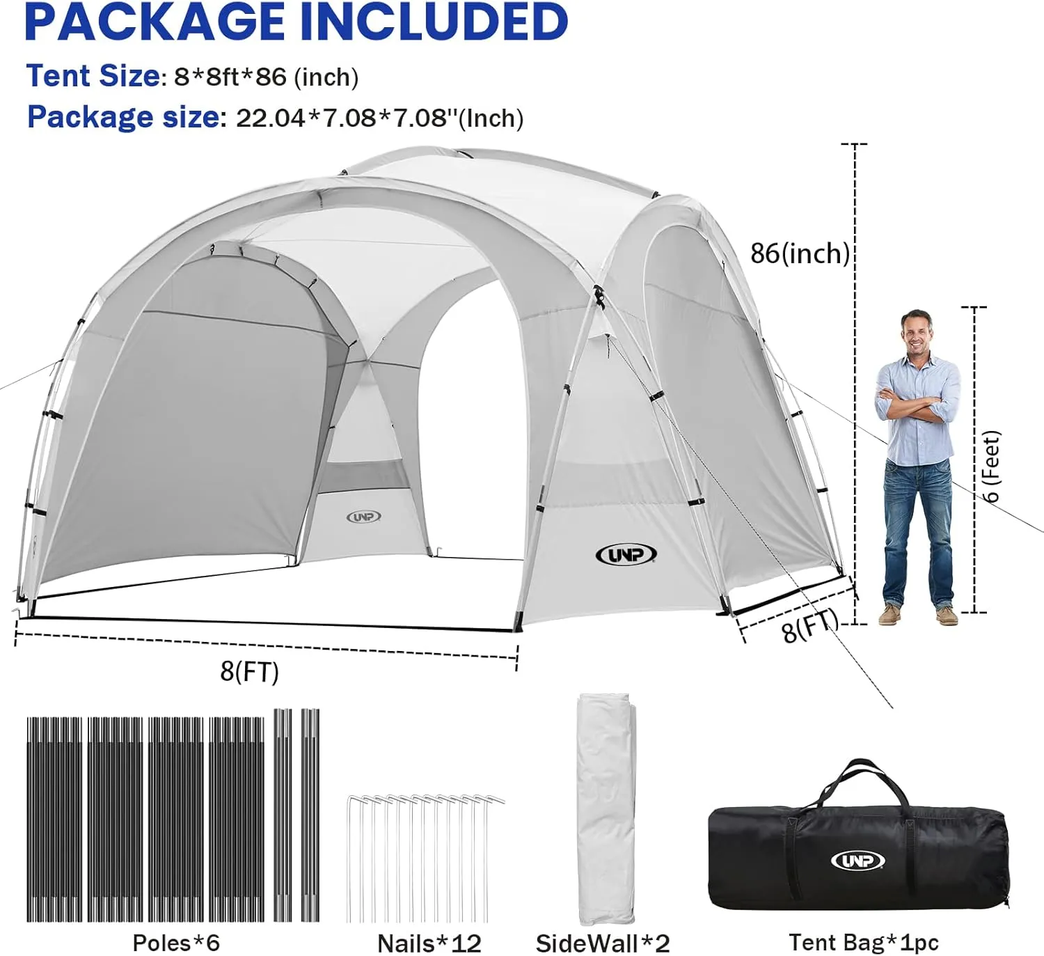 UNP Easy Beach Tent Pop Up Canopy UPF50  Tent with Side Wall, Ground Pegs, and Stability Poles, Sun Shelter Rainproof, Waterproof for Camping Trips, Backyard Fun, Party Or Picnics