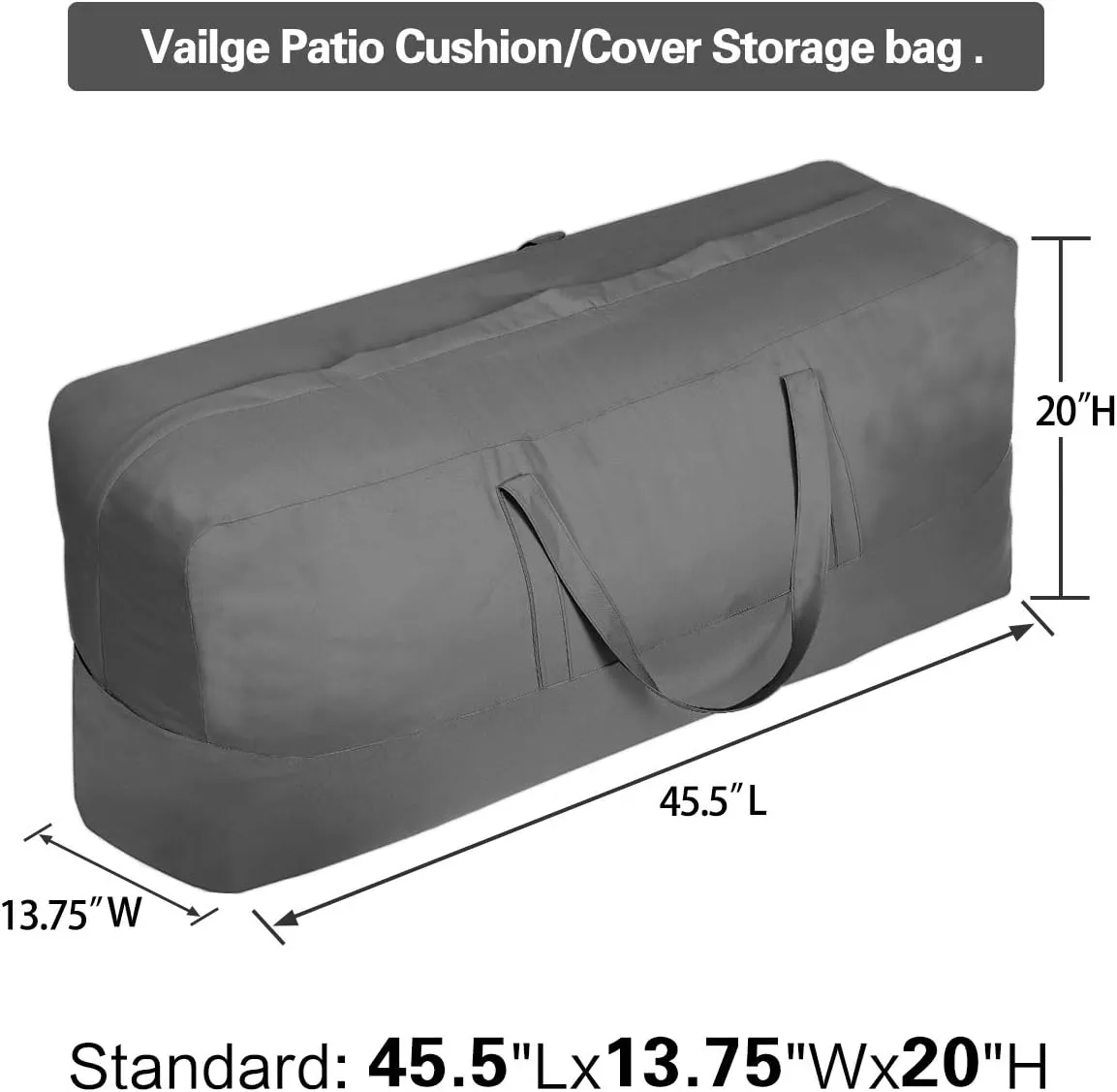 Vailge Patio Cushion Storage Bag - 45.5 Inch Waterproof Indoor Outdoor Bag With Zipper and Handles, Dustproof Furniture Cover - Standard, Grey