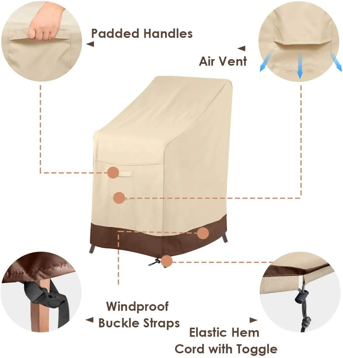 Vailge Stackable Patio Chair Cover,100% Waterproof Outdoor Chair Cover, Heavy Duty Lawn Patio Furniture Covers,Fits for 4-6 Stackable Dining Chairs,2 Pack-36 Lx28 Wx47 H,Beige&Brown