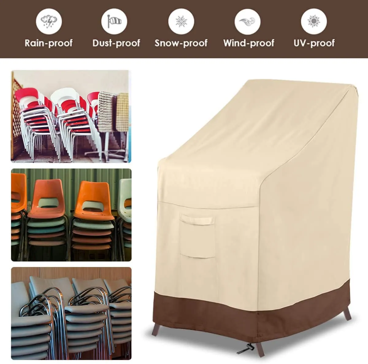Vailge Stackable Patio Chair Cover,100% Waterproof Outdoor Chair Cover, Heavy Duty Lawn Patio Furniture Covers,Fits for 4-6 Stackable Dining Chairs,2 Pack-36 Lx28 Wx47 H,Beige&Brown