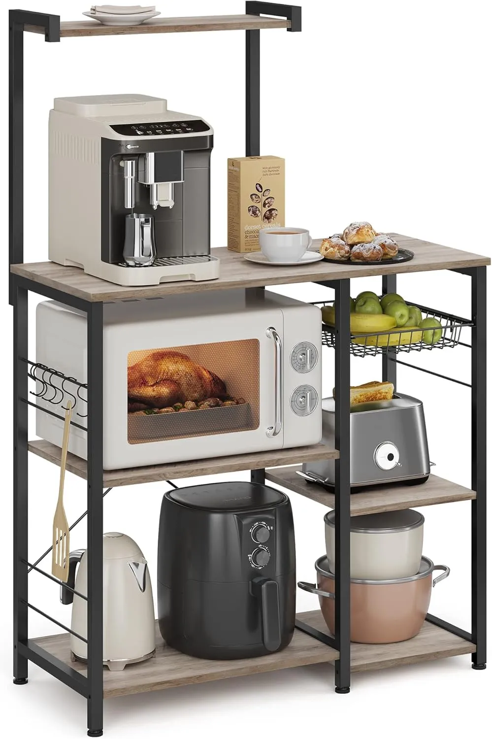 VASAGLE Baker's Rack, Microwave Stand, Kitchen Storage Rack with Wire Basket, 6 Hooks, and Shelves, for Spices, Pots, and Pans, Heather Greige and Ink Black UKKS035B02