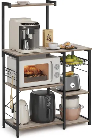 VASAGLE Baker's Rack, Microwave Stand, Kitchen Storage Rack with Wire Basket, 6 Hooks, and Shelves, for Spices, Pots, and Pans, Heather Greige and Ink Black UKKS035B02