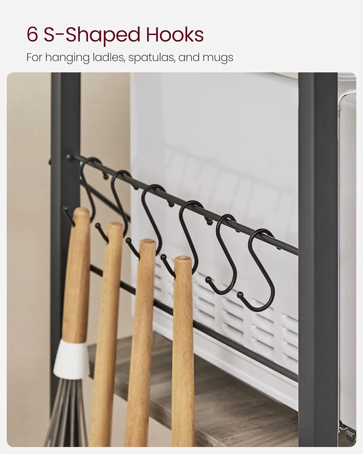 VASAGLE Baker's Rack, Microwave Stand, Kitchen Storage Rack with Wire Basket, 6 Hooks, and Shelves, for Spices, Pots, and Pans, Heather Greige and Ink Black UKKS035B02