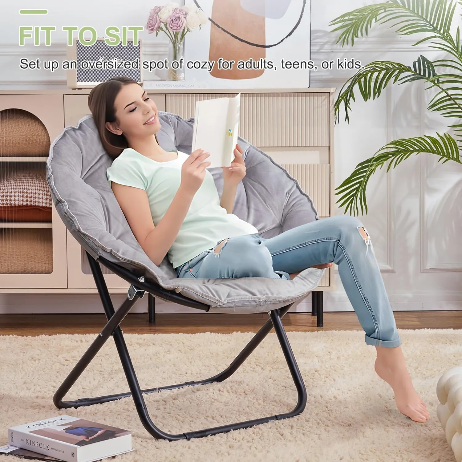 VECELO Saucer Chair for Adults, Folding Moon Chair with Metal Frame, Faux Fur for Bedroom, Living Room, Dorm Room, Apartment, Grey