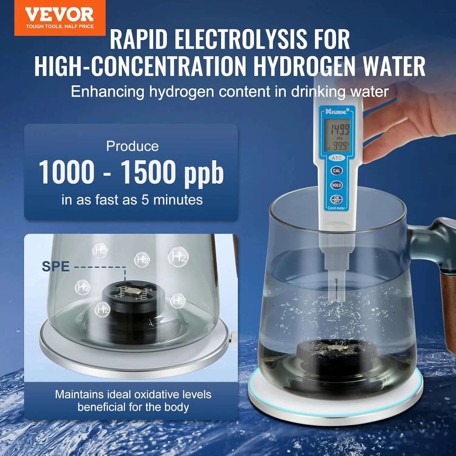VEVOR Hydrogen Water Pitcher, 400 ml Hydrogen Water Cup, Portable Hydrogen Generator, SPE Technology Hydrogen Water Generator with Wireless Charging Base, Hydrogen Rich Water Bottle Glass Health Cup