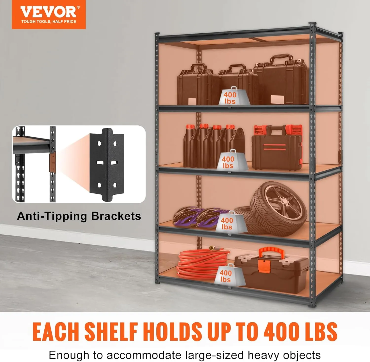 VEVOR Storage Shelving Unit, 5-Tier Adjustable, 2000 lbs Capacity, Heavy Duty Garage Shelves Metal Organizer Utility Rack, Black, 48" L x 24" W x 72" H for Kitchen Pantry Basement Bathroom Laundry