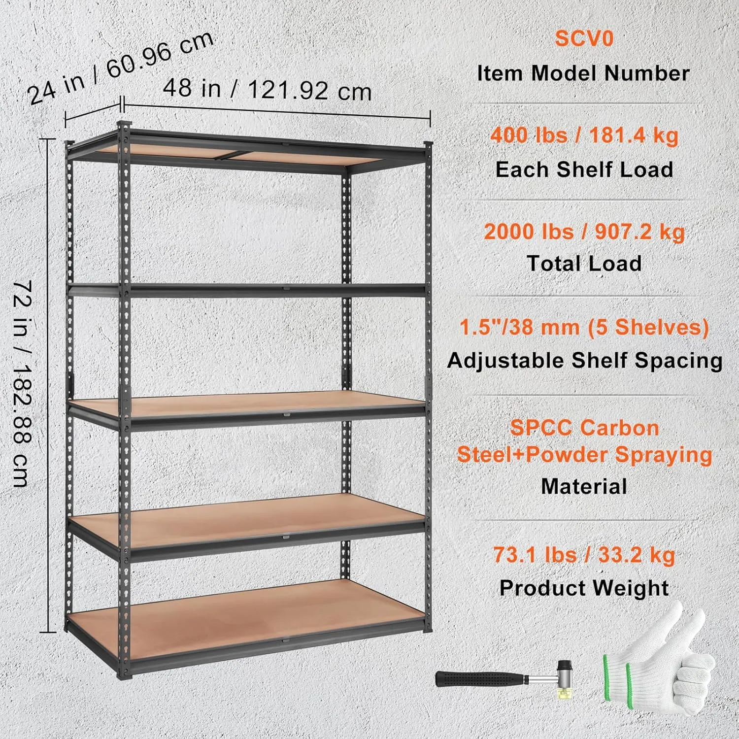 VEVOR Storage Shelving Unit, 5-Tier Adjustable, 2000 lbs Capacity, Heavy Duty Garage Shelves Metal Organizer Utility Rack, Black, 48" L x 24" W x 72" H for Kitchen Pantry Basement Bathroom Laundry