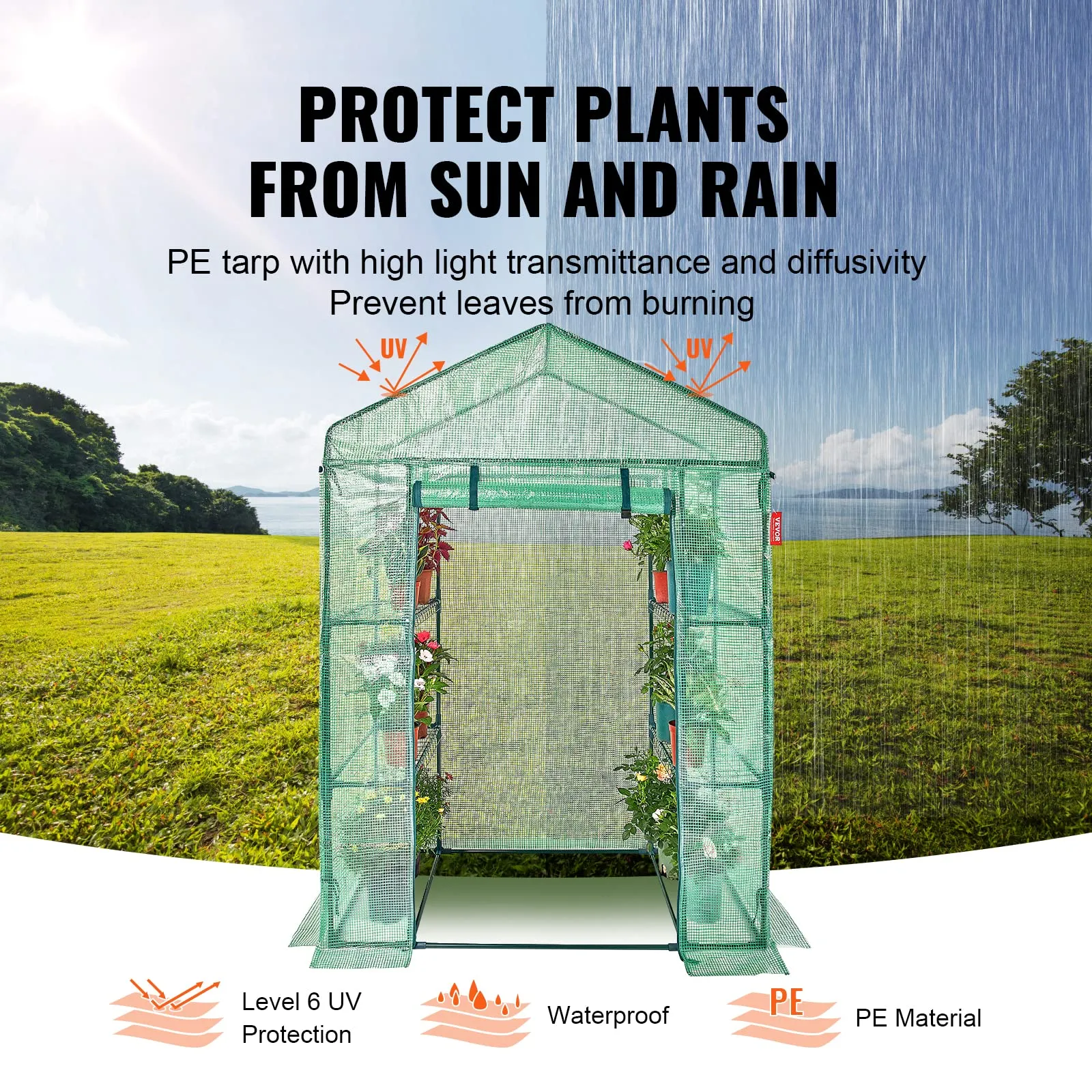 VEVOR Walk-in Green House, 55.5 x 29.3 x 80.7 inch, Portable Greenhouse with Shelves, High Strength PE Cover with Roll-up Zipper Door and Steel Frame, Set Up in Minutes, for Planting and Storage