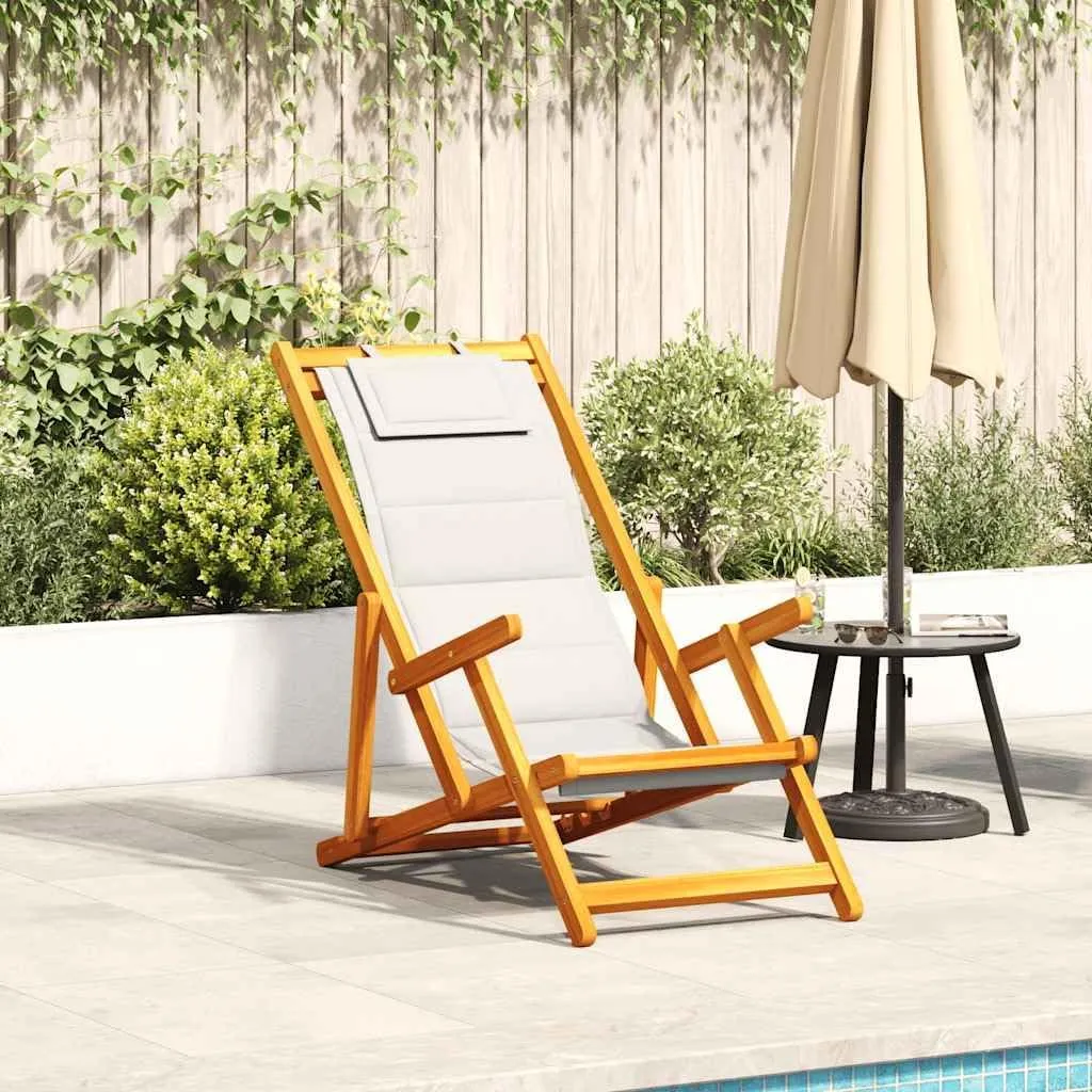 vidaXL Folding Beach Chair with Armrests Light Gray Textilene and Solid Acacia Wood Adjustable Recliner Portable Outdoor Seating for Garden Balcony Camping Lounge Wooden Lounger Sling Furniture Seat