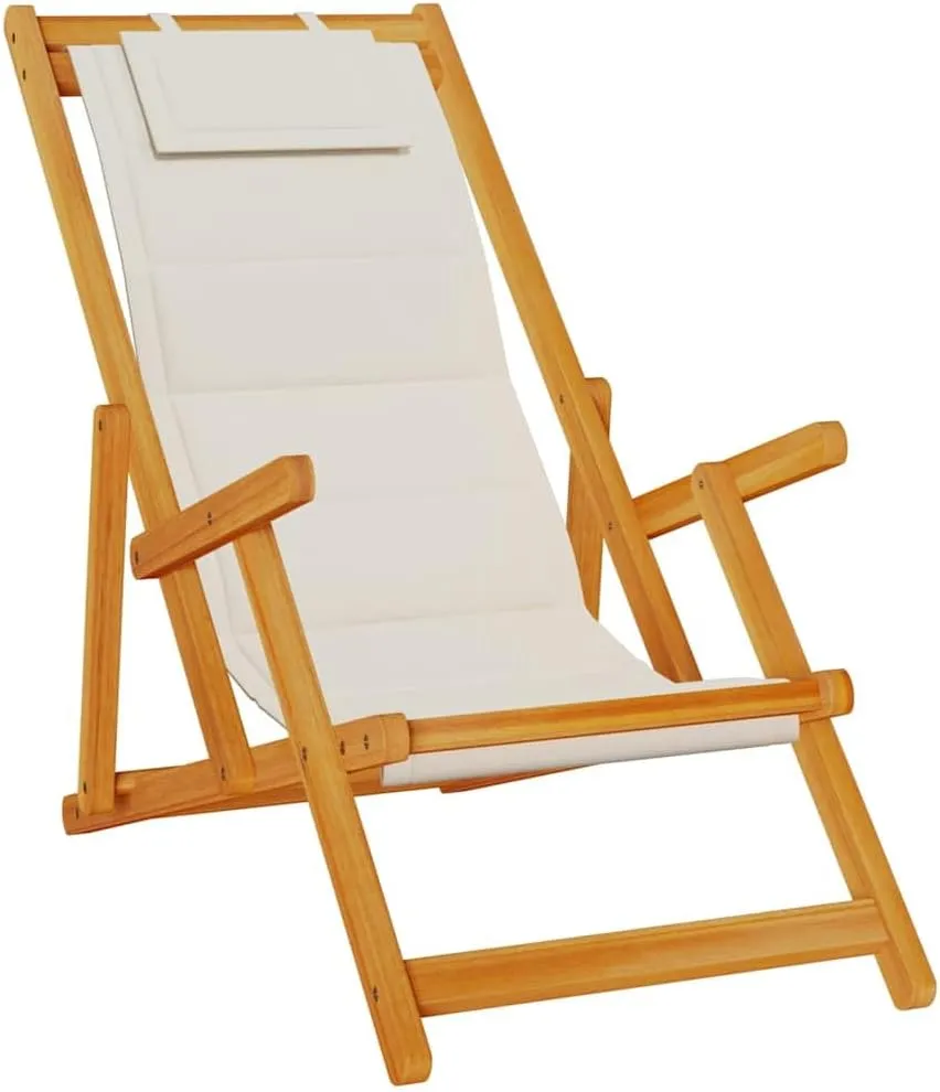 vidaXL Folding Beach Chair with Armrests Light Gray Textilene and Solid Acacia Wood Adjustable Recliner Portable Outdoor Seating for Garden Balcony Camping Lounge Wooden Lounger Sling Furniture Seat