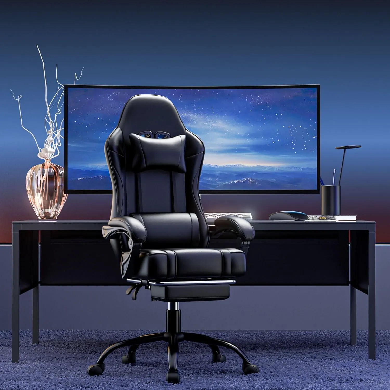 Video Game Chair for Adults, Massage Gaming Chair with Footrest, Adjustable Lumbar Pillow Gamer Chair for Kids, Comfortable Computer Chair with Leg Rest