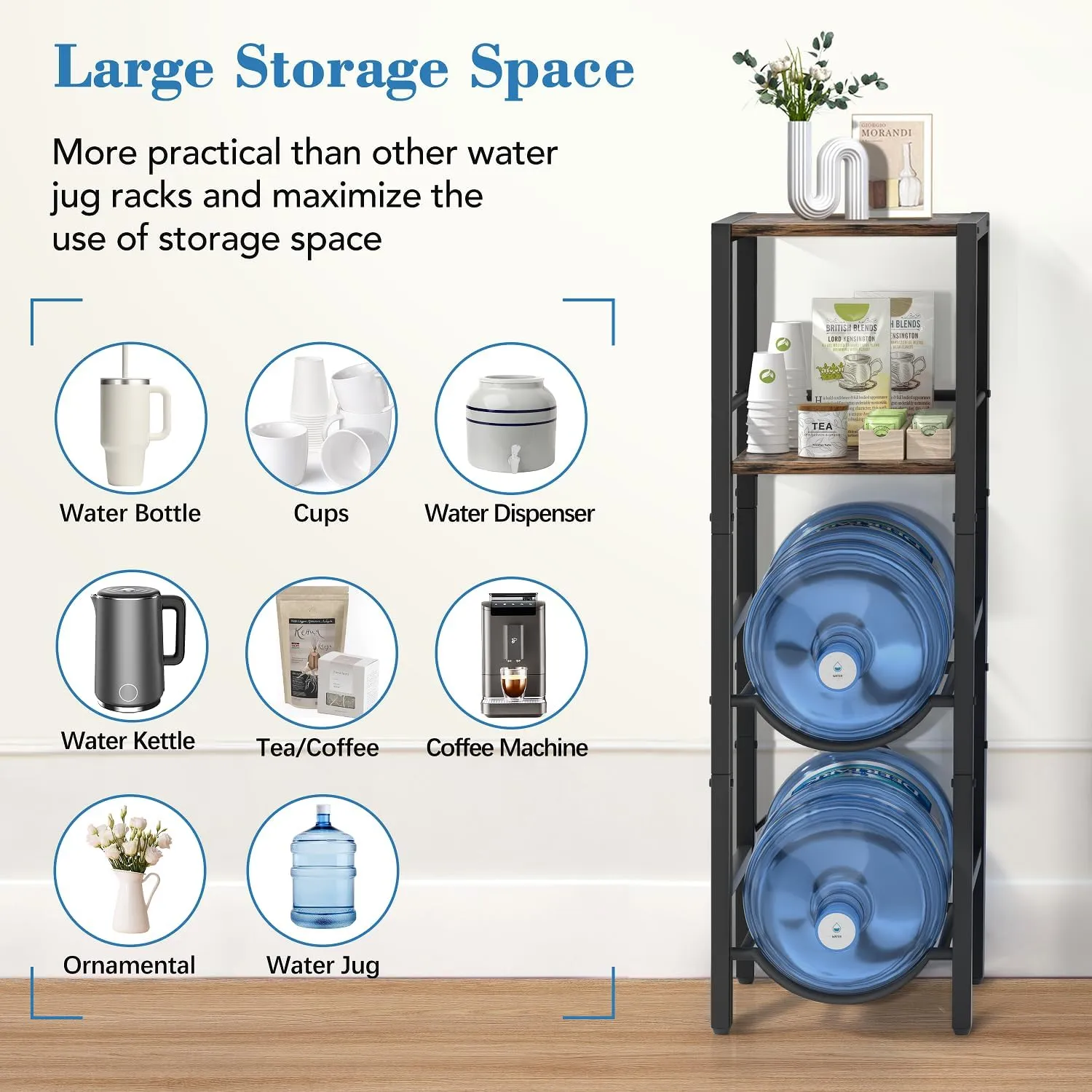 VINAEMO 5 Gallon Water Jug Holder, Water Jug Stand with 2-Layer Wood Storage Shelves, 5 Gal Water Bottle Holder Storage Rack with Water Dispenser Stand for Home/Office/Garage Organizer