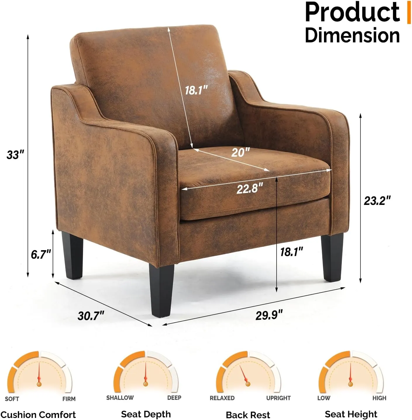 VINGLI Accent Chair for Living Room Chairs Rustic Reading Chair for Bedroom Scooped Arm Chair Mid Century Modern Accent Chairs Upholstered Comfy Chair for Apartment, Waiting Room