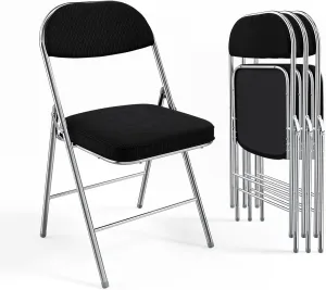 VINGLI Folding Chairs with Padded Seat & Backrest, Metal Frame, Durable Corduroy Fabric, 350 lbs Capacity, Set of 4, Black – Ideal for Weddings, Parties, Office Events