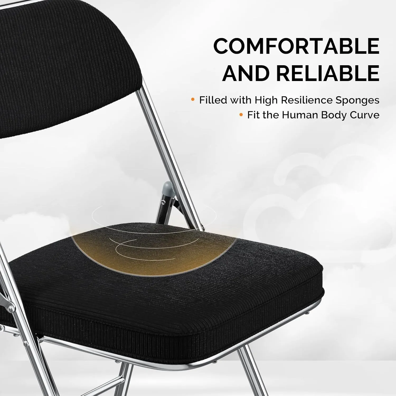 VINGLI Folding Chairs with Padded Seat & Backrest, Metal Frame, Durable Corduroy Fabric, 350 lbs Capacity, Set of 4, Black – Ideal for Weddings, Parties, Office Events