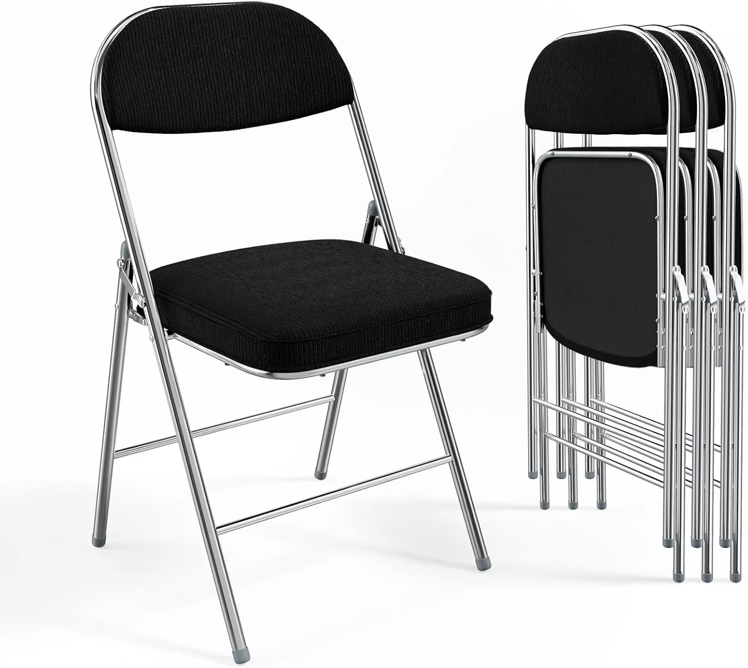 VINGLI Folding Chairs with Padded Seat & Backrest, Metal Frame, Durable Corduroy Fabric, 350 lbs Capacity, Set of 4, Black – Ideal for Weddings, Parties, Office Events