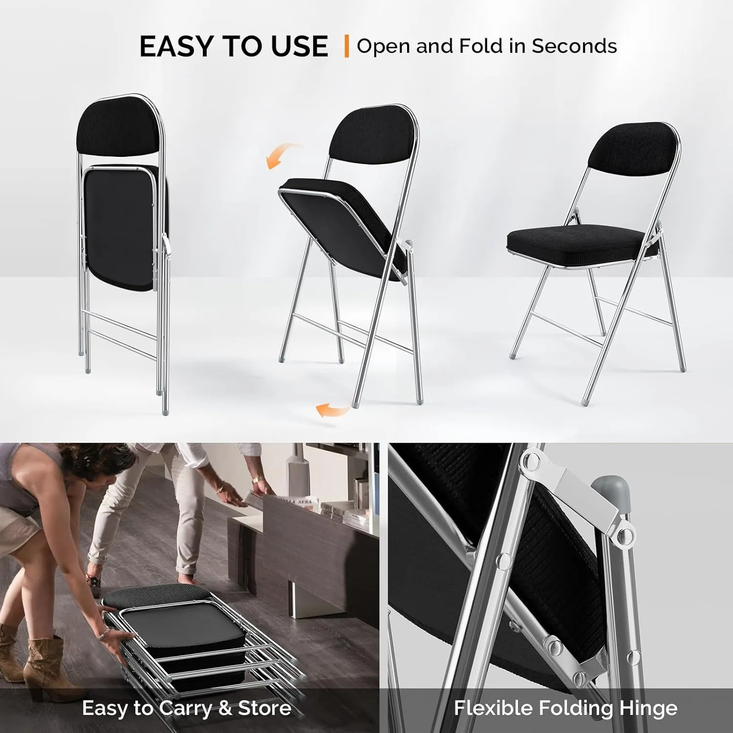 VINGLI Folding Chairs with Padded Seat & Backrest, Metal Frame, Durable Corduroy Fabric, 350 lbs Capacity, Set of 4, Black – Ideal for Weddings, Parties, Office Events