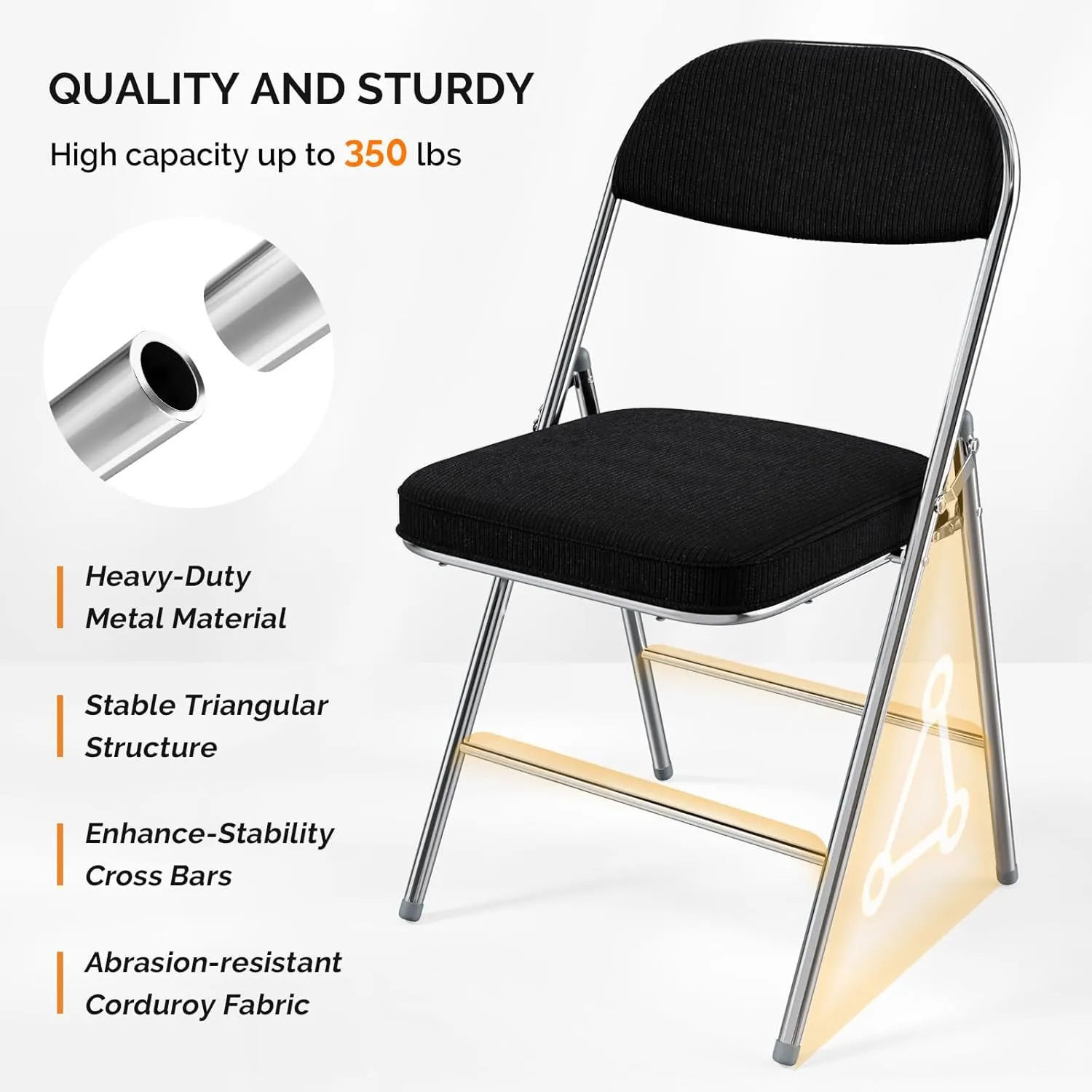 VINGLI Folding Chairs with Padded Seat & Backrest, Metal Frame, Durable Corduroy Fabric, 350 lbs Capacity, Set of 4, Black – Ideal for Weddings, Parties, Office Events