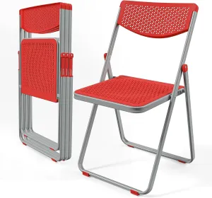 VINGLI Plastic Folding Chairs, Comfortable Foldable Chair with Breathable Mesh Seat and Sturdy Metal Frame 350lbs Capacity for Indoor and Outdoor Use, Party, Event, Office, Dining, Red, 4 Pack