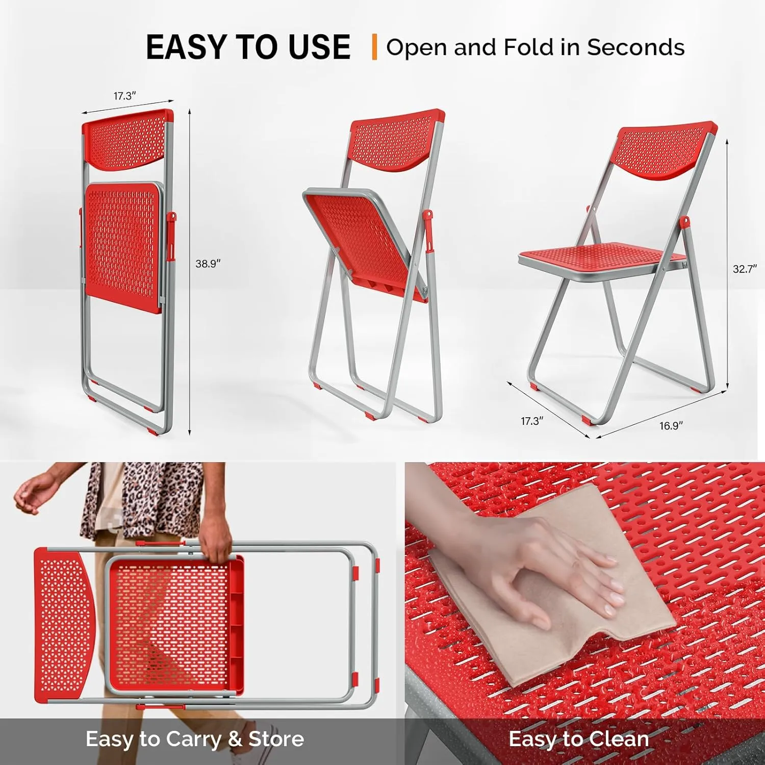 VINGLI Plastic Folding Chairs, Comfortable Foldable Chair with Breathable Mesh Seat and Sturdy Metal Frame 350lbs Capacity for Indoor and Outdoor Use, Party, Event, Office, Dining, Red, 4 Pack