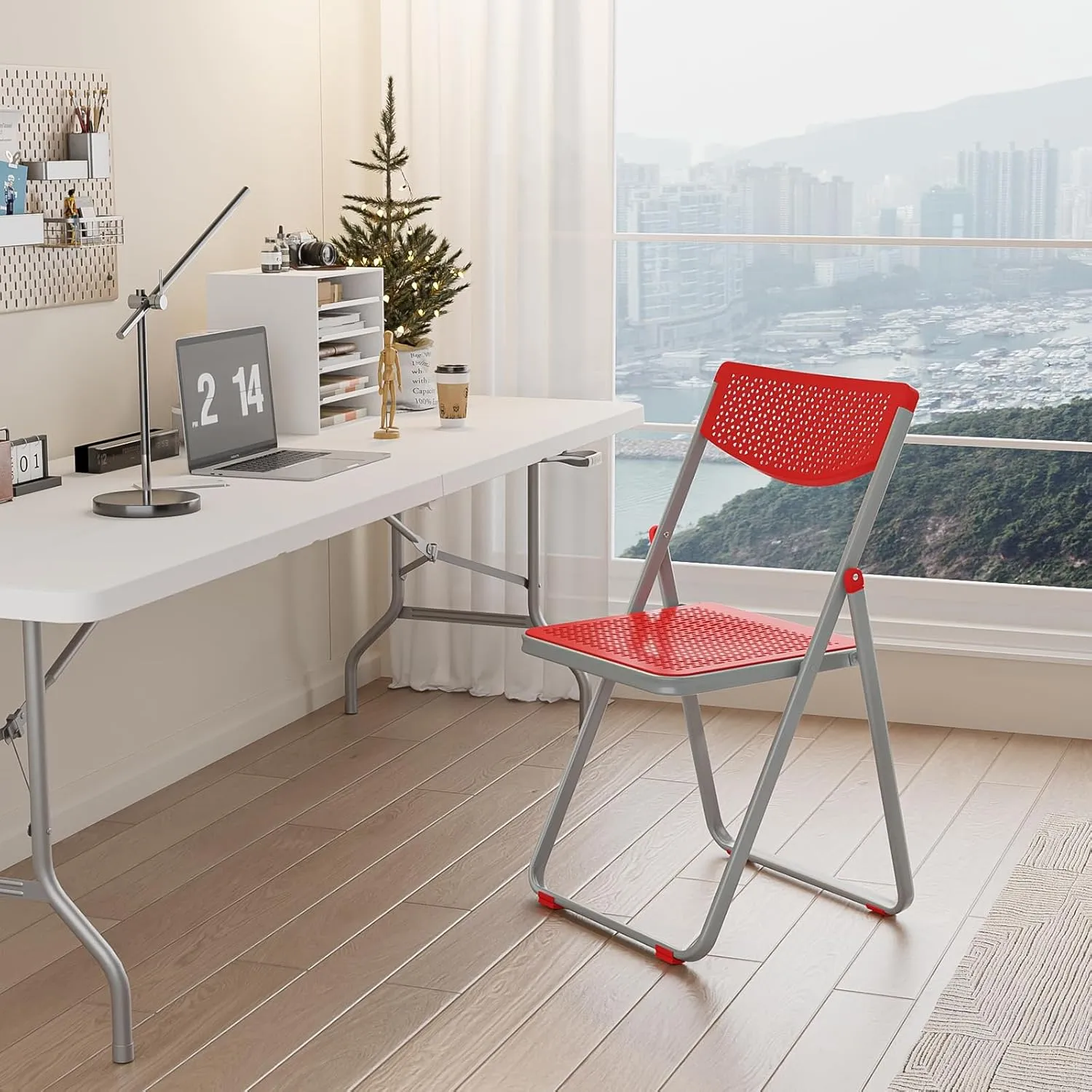 VINGLI Plastic Folding Chairs, Comfortable Foldable Chair with Breathable Mesh Seat and Sturdy Metal Frame 350lbs Capacity for Indoor and Outdoor Use, Party, Event, Office, Dining, Red, 4 Pack