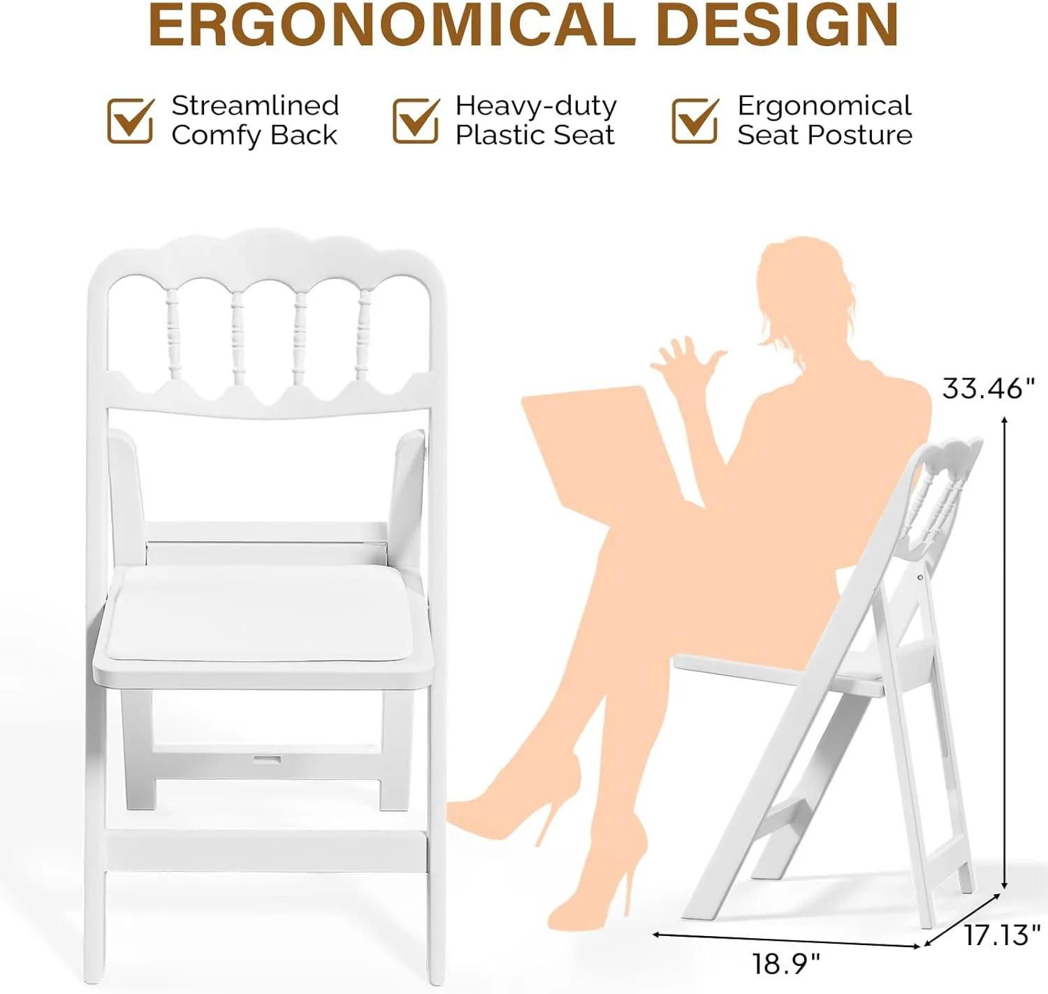 VINGLI White Resin Plastic Folding Chair with Padding Seat, Foldable Plastic Chair Weight Capacity to 350 lbs Perfect for Event Party Indoor Outdoor, Wavy Backrest, 4 Pack