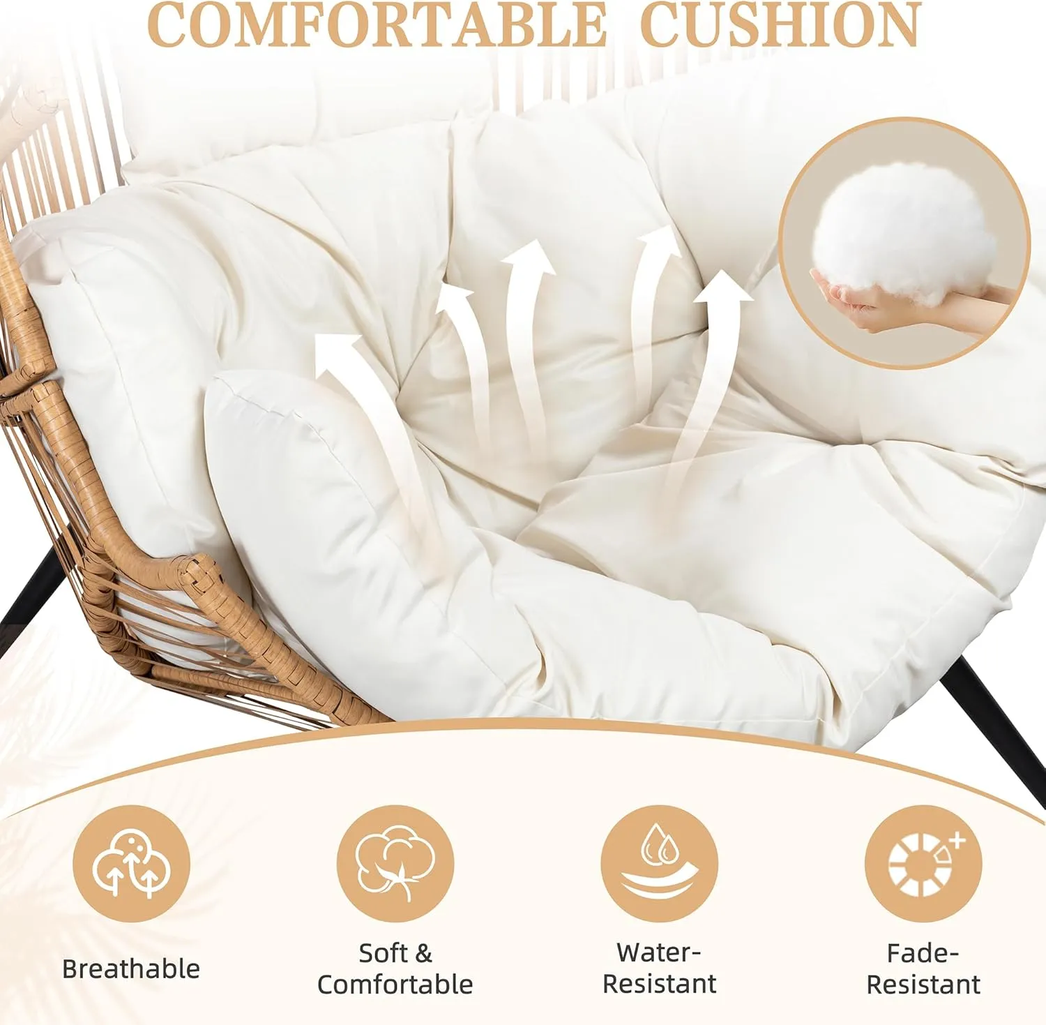Vongrasig Outdoor Wicker Egg Chair PE Rattan Chair with Cushion, Oversized Patio Lounge Chair for Outdoor, Indoor, Balcony, Backyard, Garden, Beige
