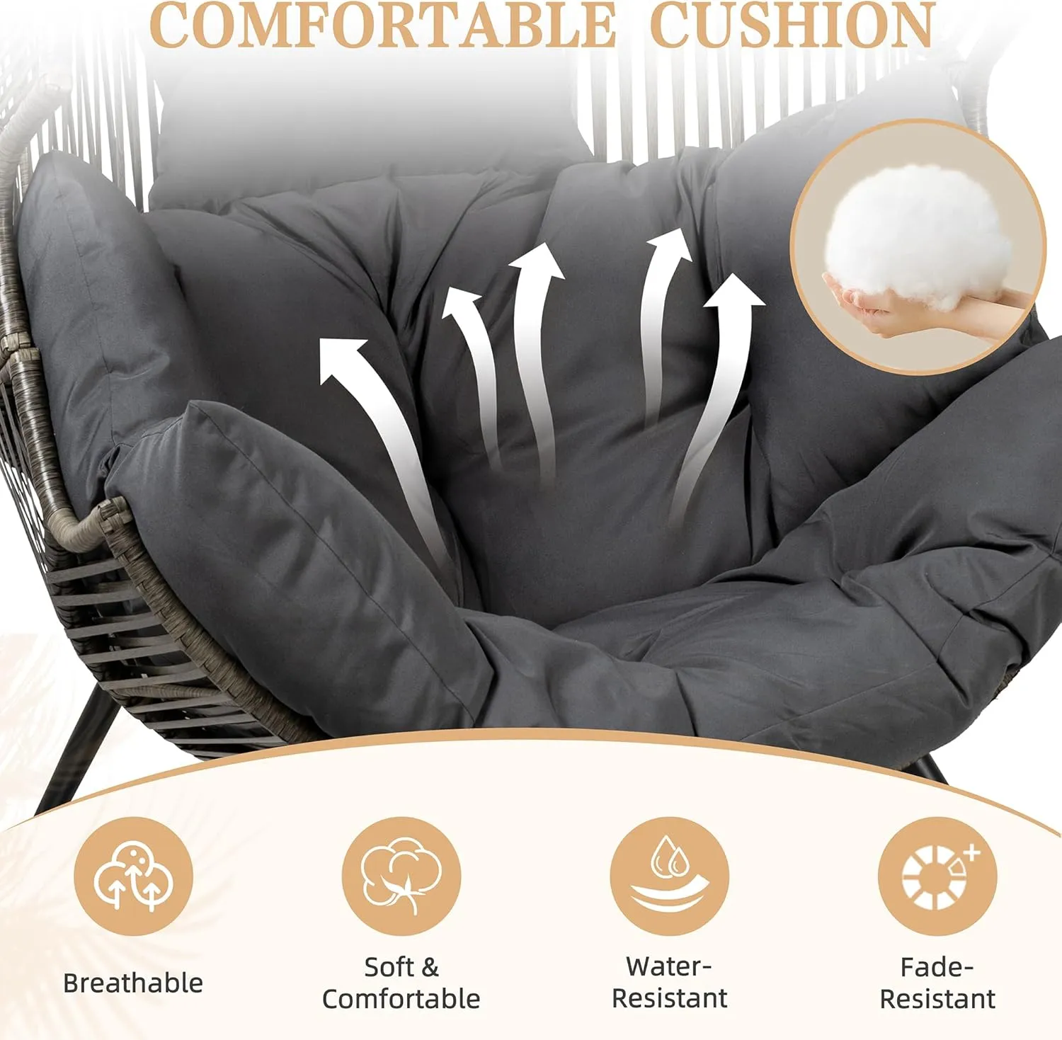 Vongrasig Outdoor Wicker Egg Chair PE Rattan Chair with Cushion, Oversized Patio Lounge Chair for Outdoor, Indoor, Balcony, Backyard, Garden, Black/Rattan