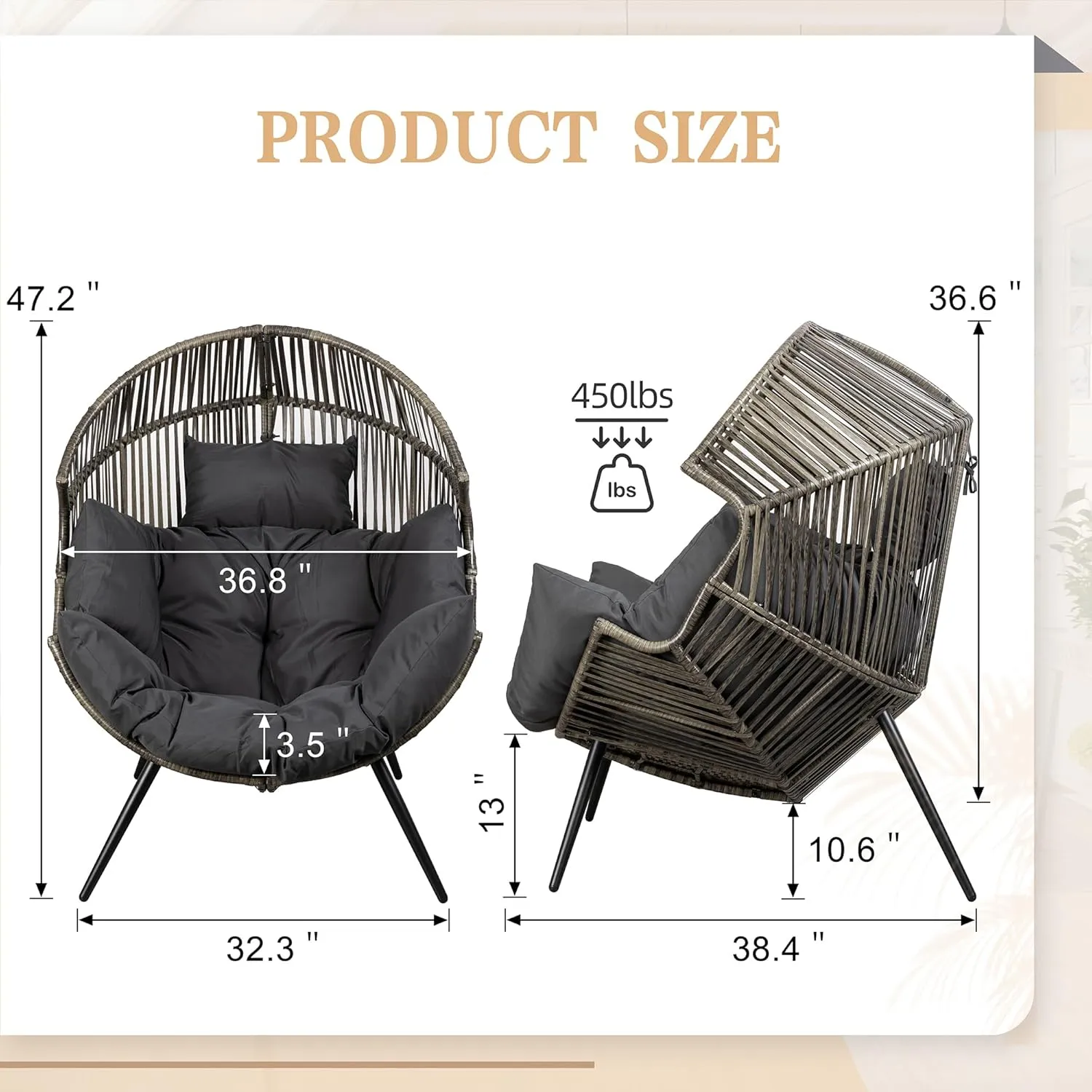 Vongrasig Outdoor Wicker Egg Chair PE Rattan Chair with Cushion, Oversized Patio Lounge Chair for Outdoor, Indoor, Balcony, Backyard, Garden, Black/Rattan
