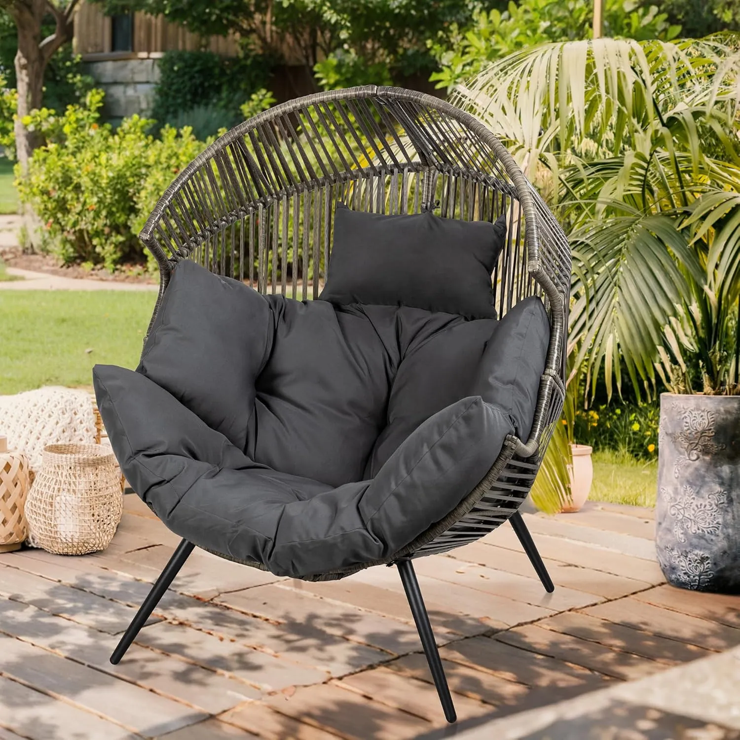 Vongrasig Outdoor Wicker Egg Chair PE Rattan Chair with Cushion, Oversized Patio Lounge Chair for Outdoor, Indoor, Balcony, Backyard, Garden, Black/Rattan