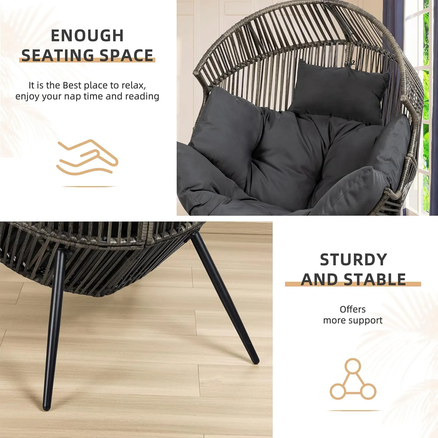 Vongrasig Outdoor Wicker Egg Chair PE Rattan Chair with Cushion, Oversized Patio Lounge Chair for Outdoor, Indoor, Balcony, Backyard, Garden, Black/Rattan