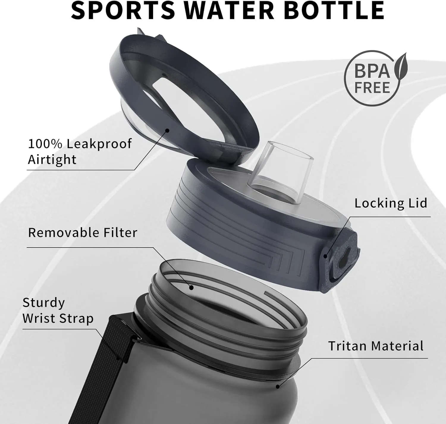 Water Bottles 1L BPA Free Sport Drinking Bottle,Leak Proof,Durable Water Bottle with Filter,Non-Toxic Canteen Bottle(Black, Pink, Grey, Light Blue, Dark Blue) (Grey)