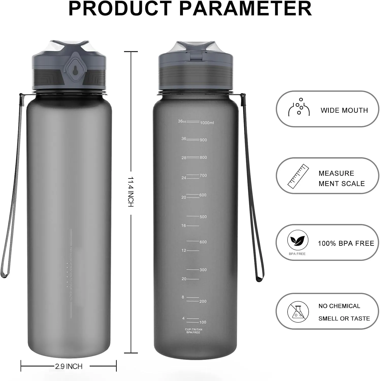 Water Bottles 1L BPA Free Sport Drinking Bottle,Leak Proof,Durable Water Bottle with Filter,Non-Toxic Canteen Bottle(Black, Pink, Grey, Light Blue, Dark Blue) (Grey)