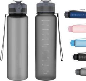 Water Bottles 1L BPA Free Sport Drinking Bottle,Leak Proof,Durable Water Bottle with Filter,Non-Toxic Canteen Bottle(Black, Pink, Grey, Light Blue, Dark Blue) (Grey)