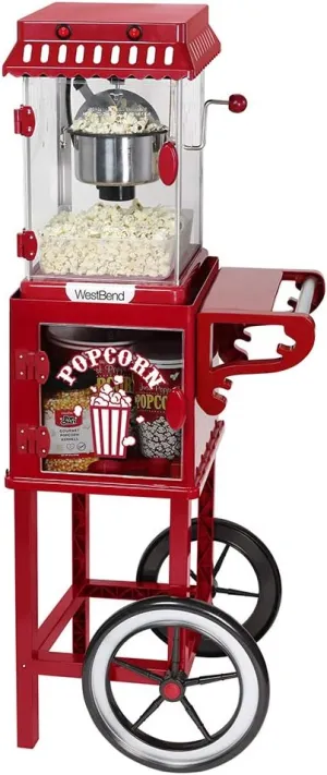 West Bend Popcorn Popper Machine Theater Style on Wheeled Cart with Non-Stick 2.5 Oz Stainless Steel Popcorn Kettle, Storage Shelf, and Popcorn Scoop, 10-Cup, Red
