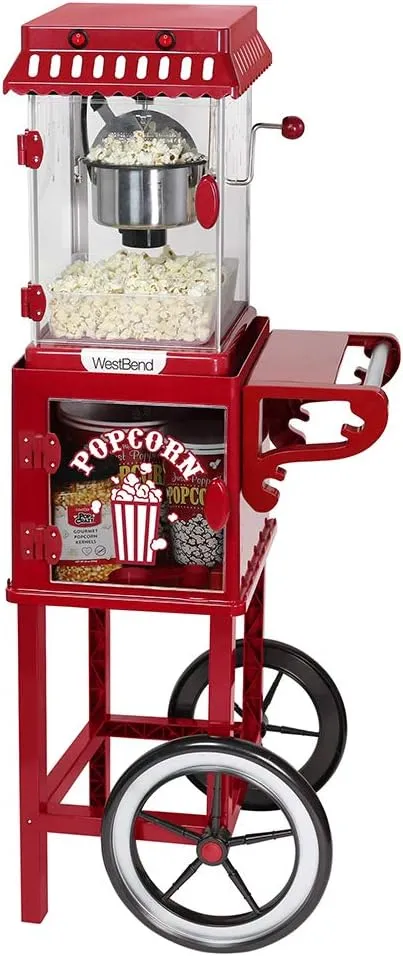 West Bend Popcorn Popper Machine Theater Style on Wheeled Cart with Non-Stick 2.5 Oz Stainless Steel Popcorn Kettle, Storage Shelf, and Popcorn Scoop, 10-Cup, Red