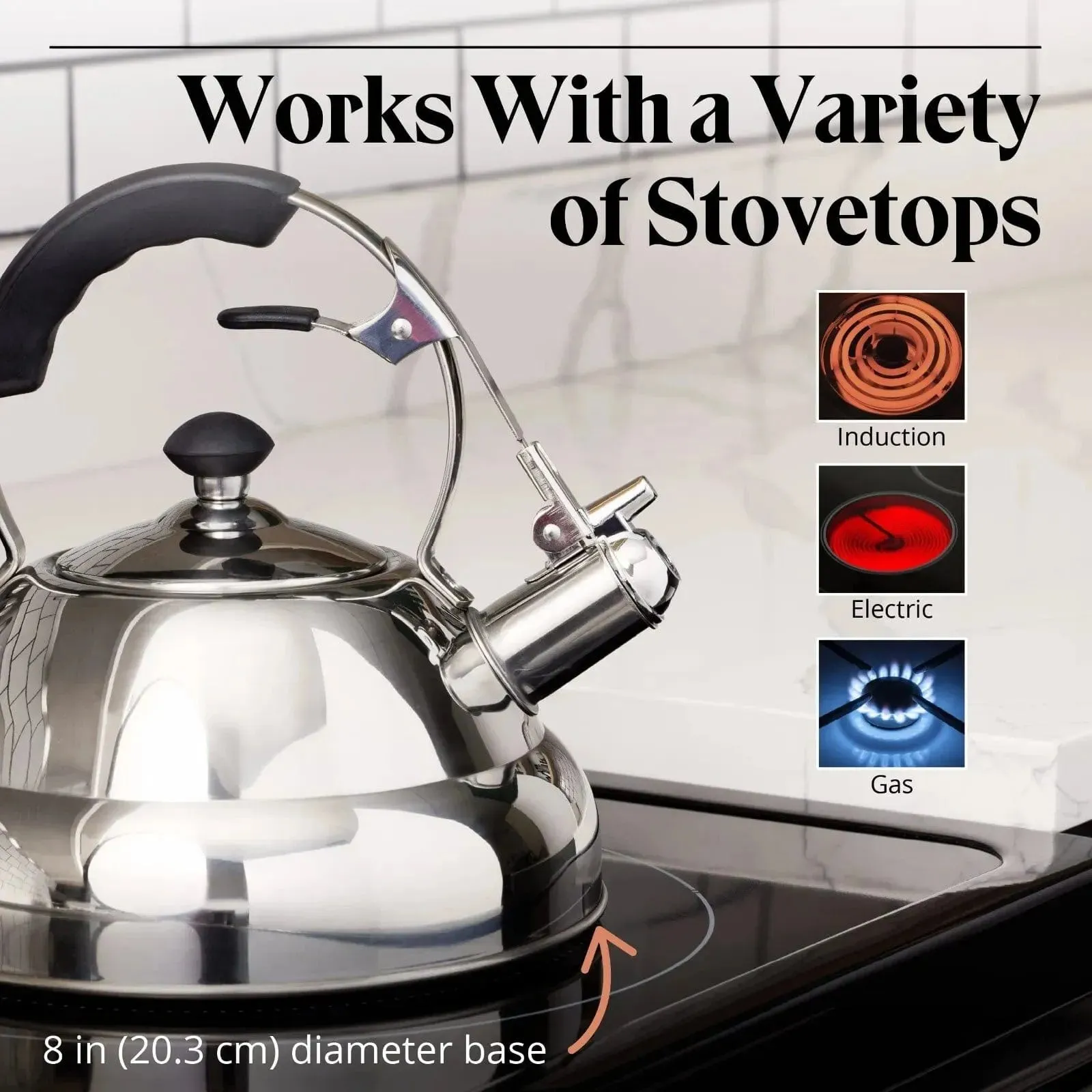 Whistling Kettle & Tea Strainer |3L Stainless Steel | Suitable for Gas, Induction and Electric Hobs | Willow & Everett