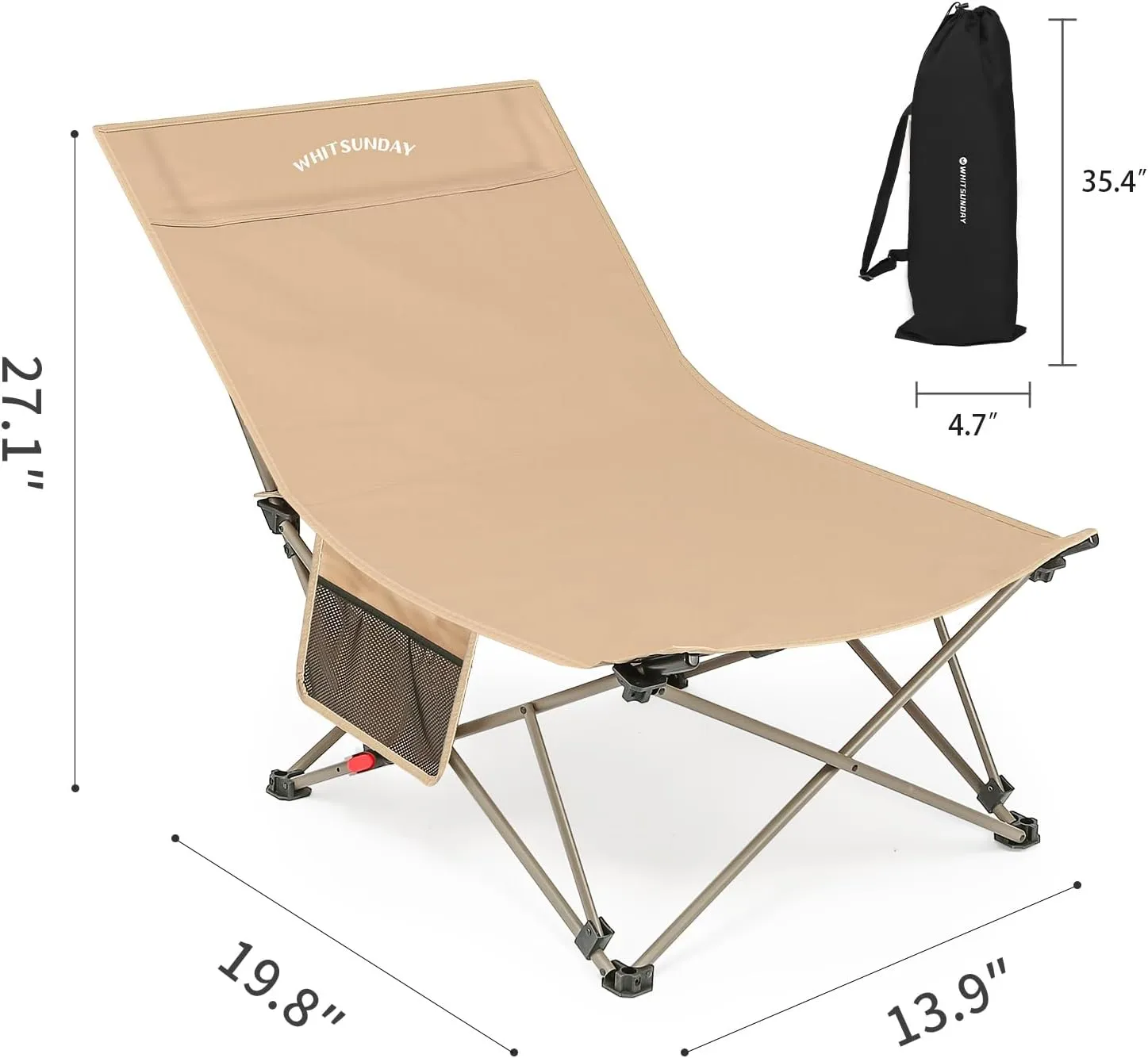 Whitsunday Camping Lounge Chair, 3 Adjustments Reclining Camping Chair, Lawn Chairs Folding Chair with Side Pocket for Camping, Beach, Picnic Khaki