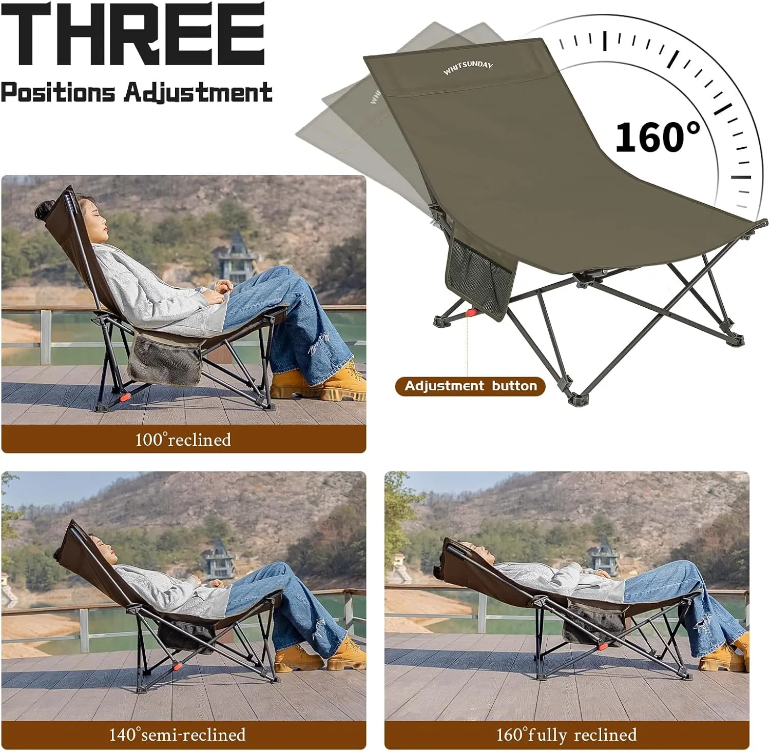 Whitsunday Camping Lounge Chair, 3 Adjustments Reclining Camping Chair, Lawn Chairs Folding Chair with Side Pocket for Camping, Beach, Picnic Khaki