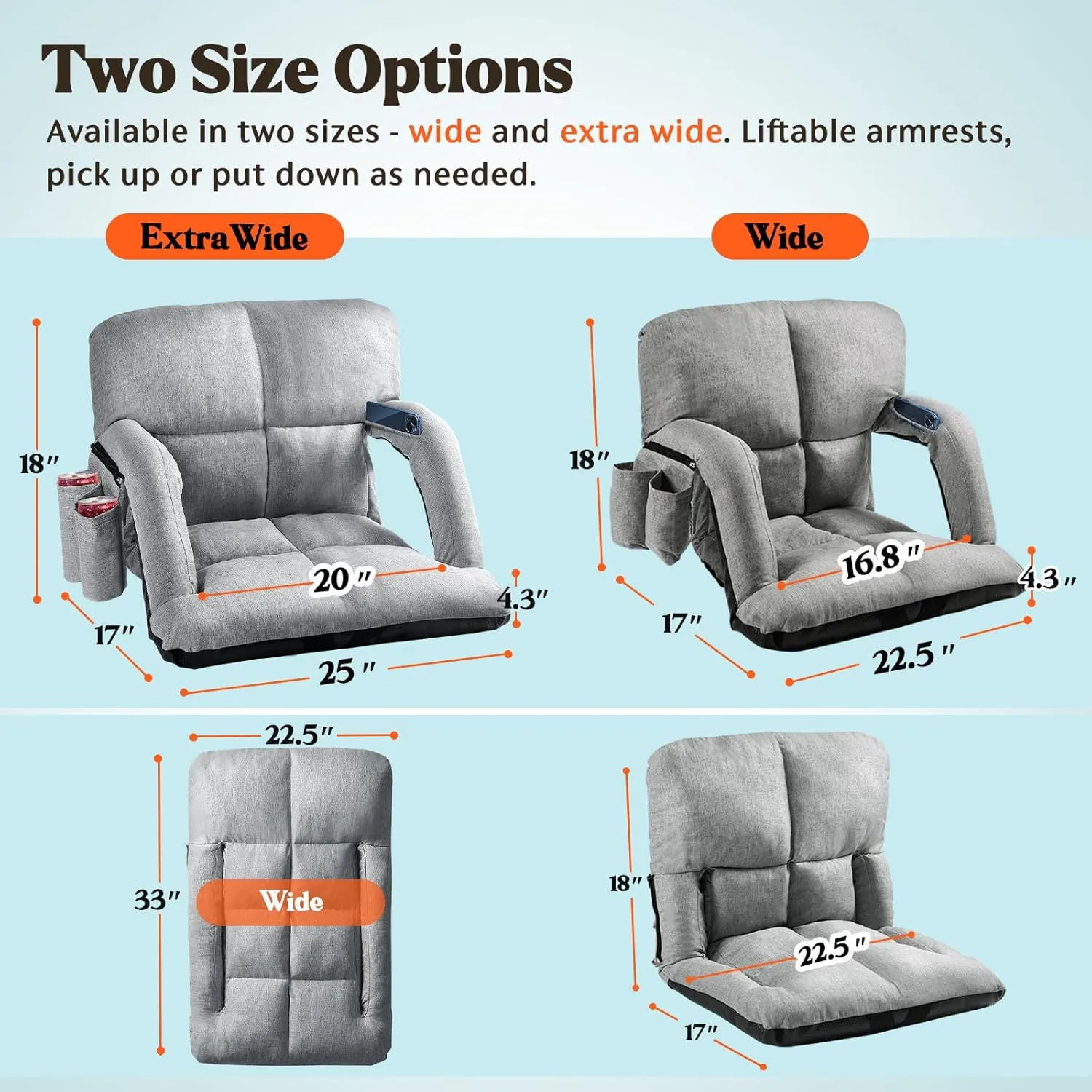 Wide Stadium Seats with Back Support, 2 Pack Bleacher Chairs with Comfy Cushion, 6 Reclining Positions, Portable Stadium Chair Bleacher Seat with Armrests for Sport Events, Camping, Beaches (Gray)