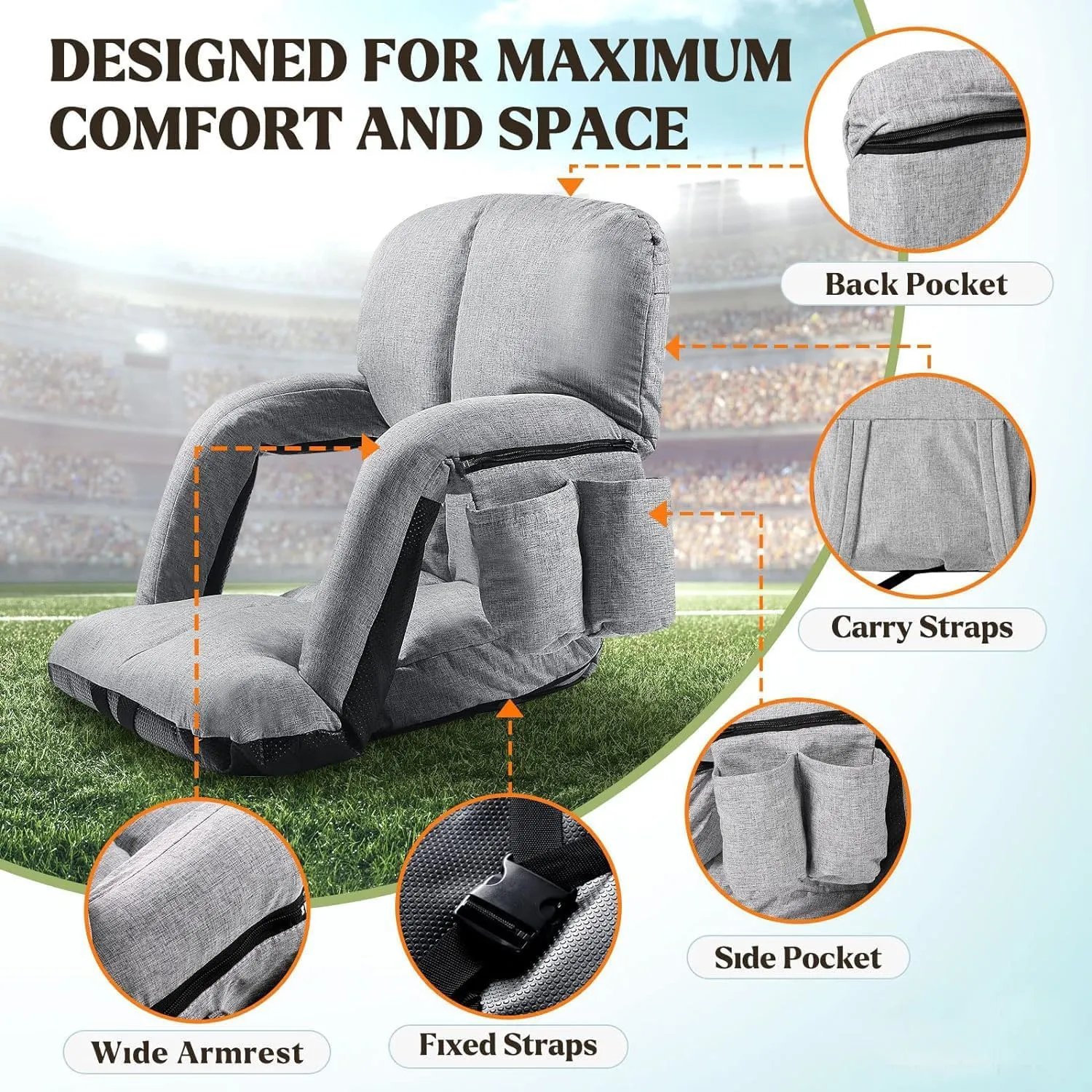 Wide Stadium Seats with Back Support, 2 Pack Bleacher Chairs with Comfy Cushion, 6 Reclining Positions, Portable Stadium Chair Bleacher Seat with Armrests for Sport Events, Camping, Beaches (Gray)