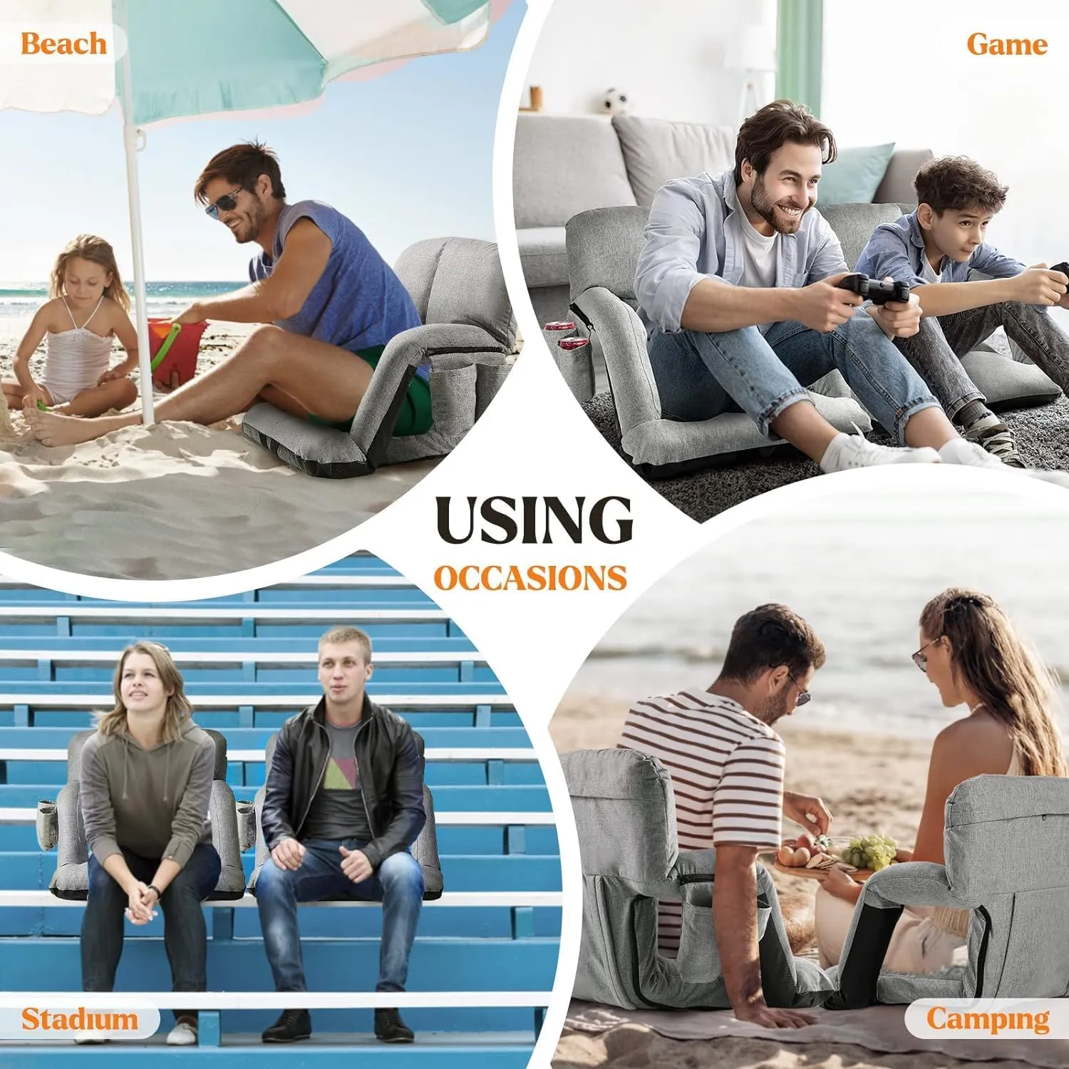 Wide Stadium Seats with Back Support, 2 Pack Bleacher Chairs with Comfy Cushion, 6 Reclining Positions, Portable Stadium Chair Bleacher Seat with Armrests for Sport Events, Camping, Beaches (Gray)