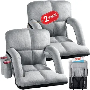 Wide Stadium Seats with Back Support, 2 Pack Bleacher Chairs with Comfy Cushion, 6 Reclining Positions, Portable Stadium Chair Bleacher Seat with Armrests for Sport Events, Camping, Beaches (Gray)