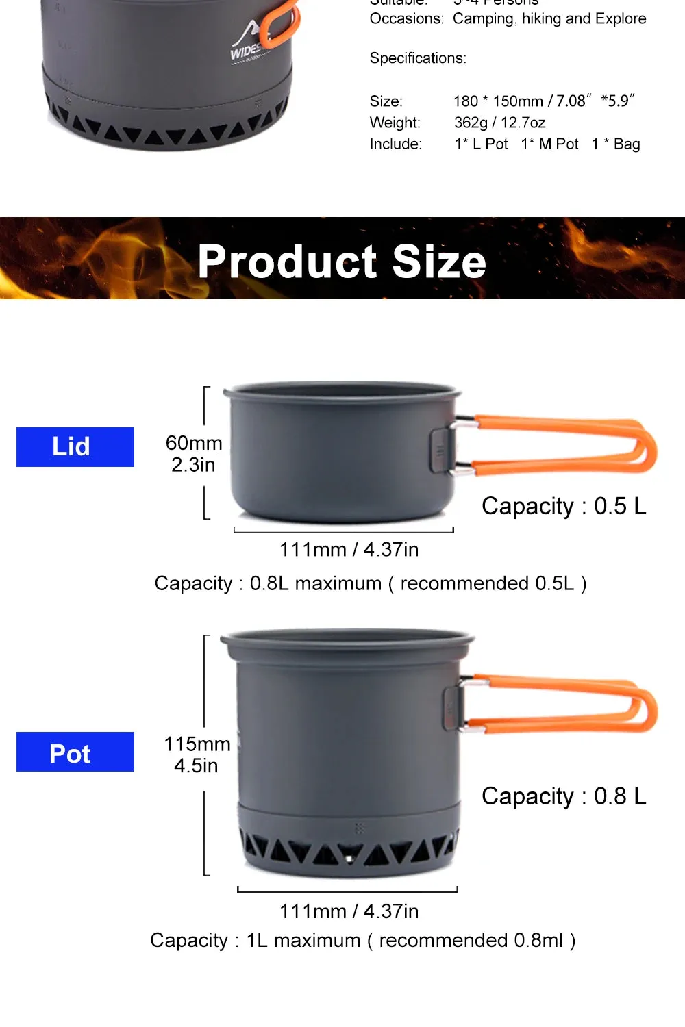 Widesea Camping Cookware Set - 1.3L & 2.3L Outdoor Cooking Pot and Kettle Kit