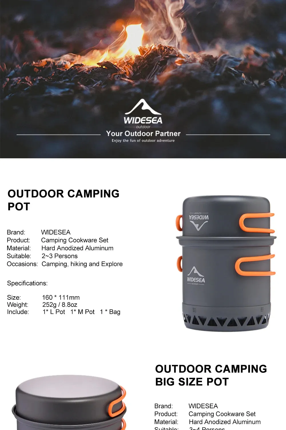 Widesea Camping Cookware Set - 1.3L & 2.3L Outdoor Cooking Pot and Kettle Kit