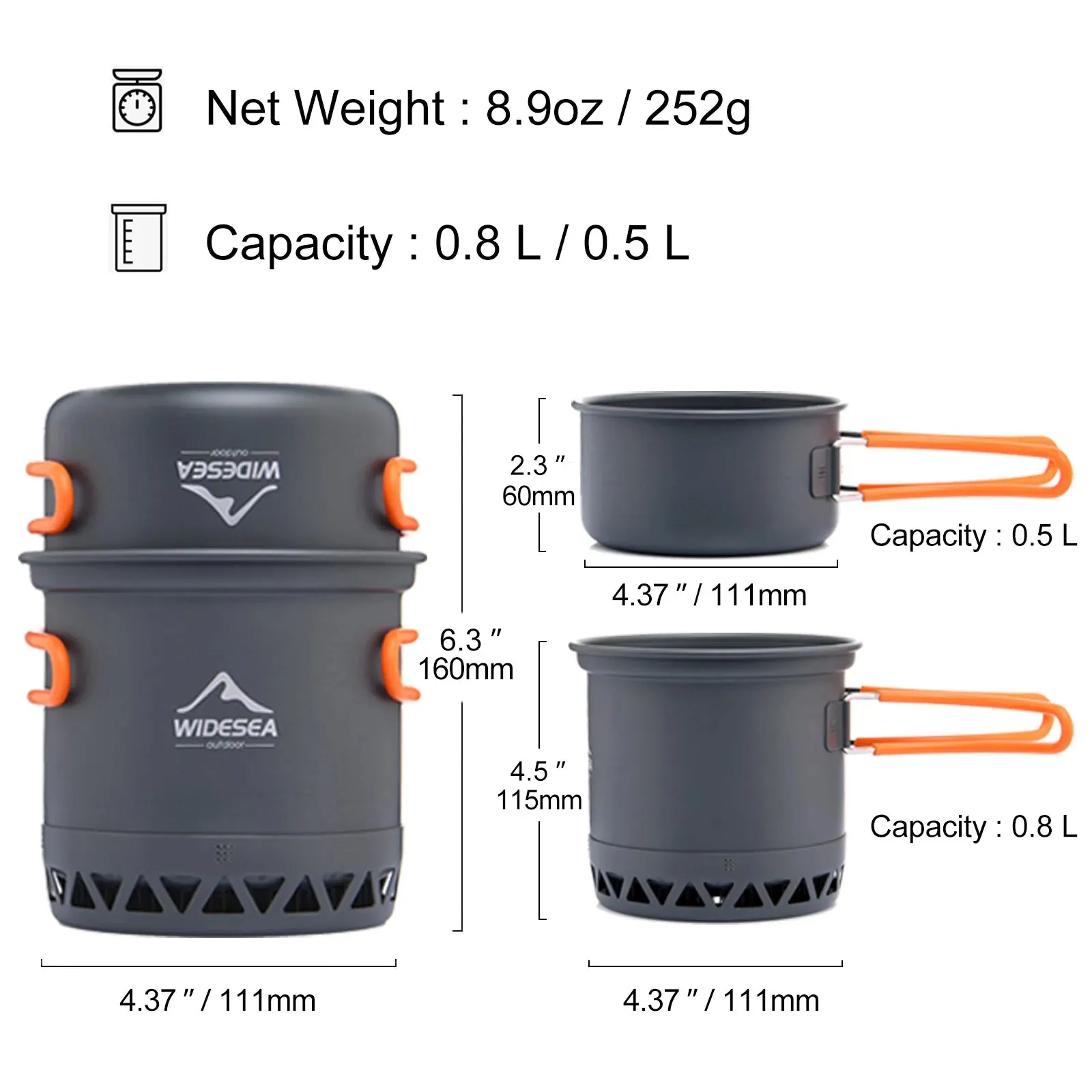 Widesea Camping Cookware Set - 1.3L & 2.3L Outdoor Cooking Pot and Kettle Kit